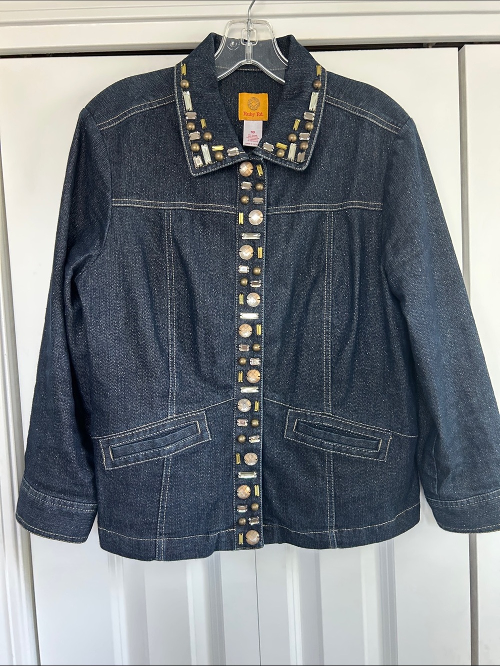Ruby Rd. Dark Blue Denim Jacket with Gold Glitter and Gem Stone Embellishment 10